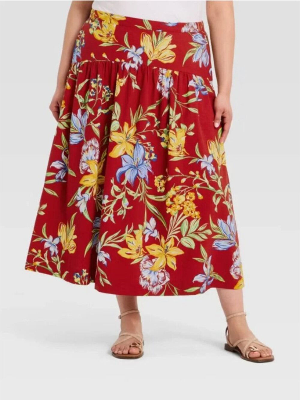 Women's Resort Poplin Drop Waist Midi Skirt - A New Day Dark Red Floral M